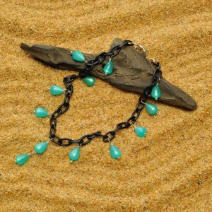 Lightweight Black Anklet with Vintage Lucite Aqua Moonglow Teardrops
