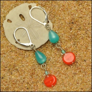 Aqua Teardrops with Orange Button Earrings