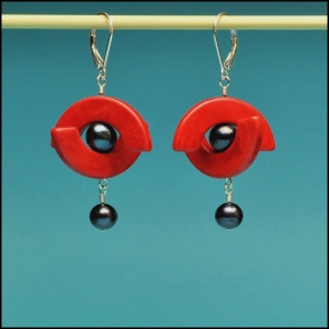 Red Half Circles with Pearl Earrings